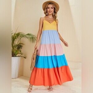 Colorblock Ruffle Hem Cami Maxi Dress Cotton Sz Small Bright Colorful